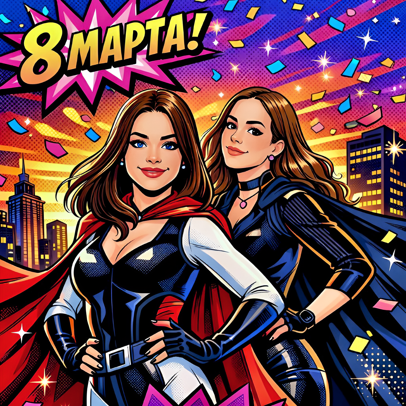 Как сделать открытку на 8 Марта из вашего фото с подругой, мамой и дочкой — готовые промты для нейросети Марта, открытку, исходного, черты, основе, загруженного, Главное, максимально, точно, искажений, сохрани, открытка, стиле, Стиль, надпись, цветущем, атмосфера, Вокруг, праздником, нежной