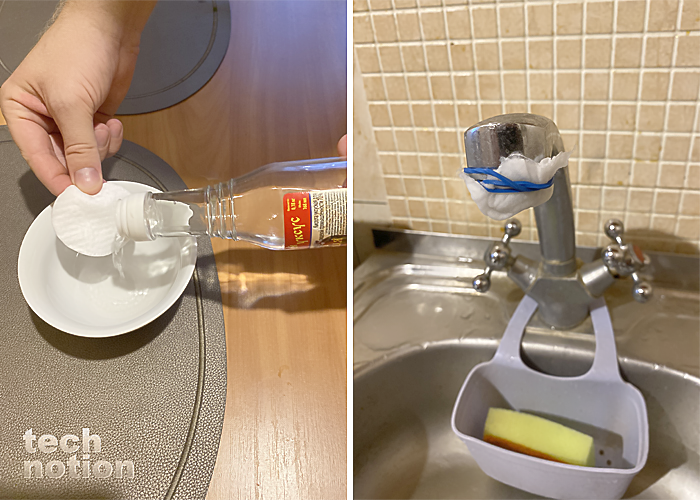 Чтобы почистить аэратор на смесителе, нужно приложить на 30 мин ватный диск, смоченный в столовом уксусе / Изображение: дзен-канал technotion