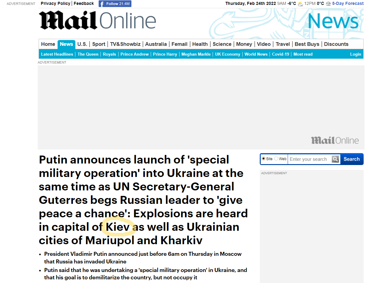 Daily Mail уже написала в заголовке Kiev, а не Kyiv. Реакция иностранцев на начало демилитаризации Украины