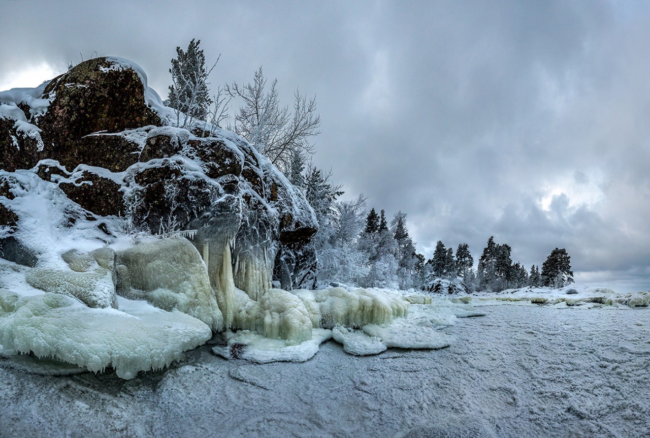 Обледенелый пень Карелия Ладога зима фото