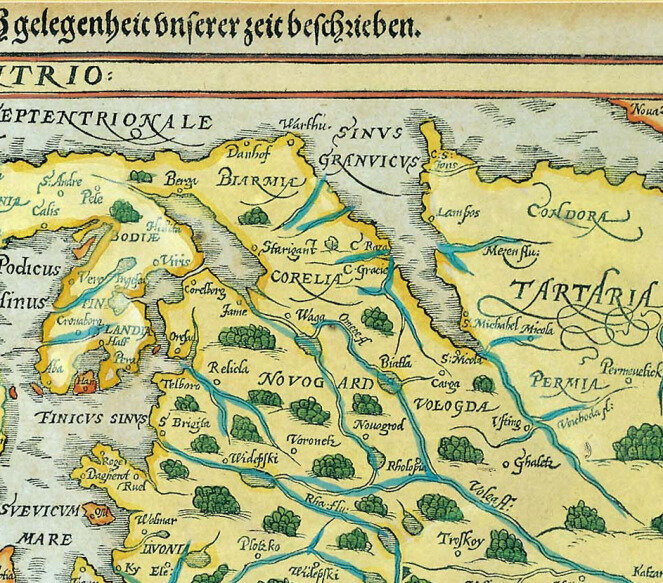 Карта от 1595 г. «Atlas sive cosmographica, Svecia et Norvegia cum confinijs» Gerard Mercator, Amsterdam . На ней очень хорошо видна Биармия, ниже Карелия. А в правом нижнем углу: Пермия, и город Пермь Великая на Вычегде