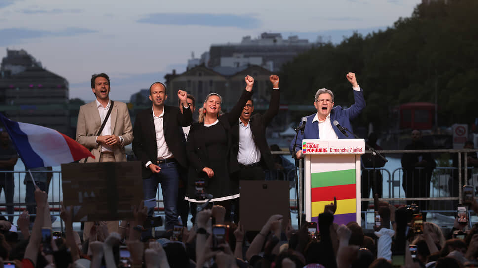Фото: Thomas Padilla / AP????Глава крайне левой партии «Непокорившаяся Франция» (LFI) Жан-Люк Меланшон (справа) с соратниками нескромно радовались результатам голосования