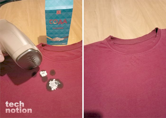 Жирные пятна с футболки можно убрать при помощи соды и утюга / Изображение: дзен-канал technotion