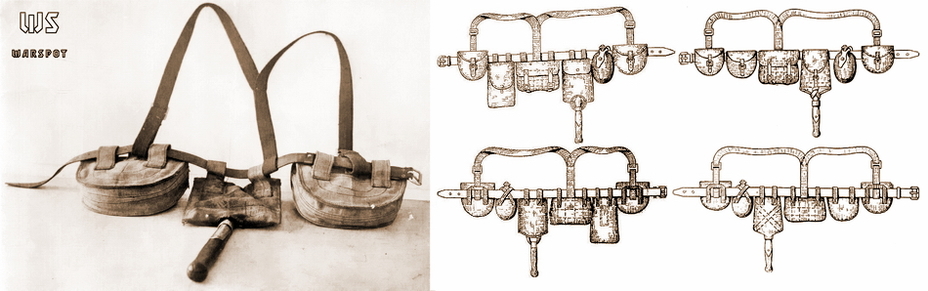 ​Слева сумки третьего варианта с ремнем и поддерживающими лямками (РГВА), справа рисунок снаряжения вооруженного ППД бойца из «Инструкции по укладке, пригонке, сборке и надеванию походного снаряжения бойца пехоты Красной Армии» 1941 года - Финский урок: «Улитка» для ППД | Военно-исторический портал Warspot.ru
