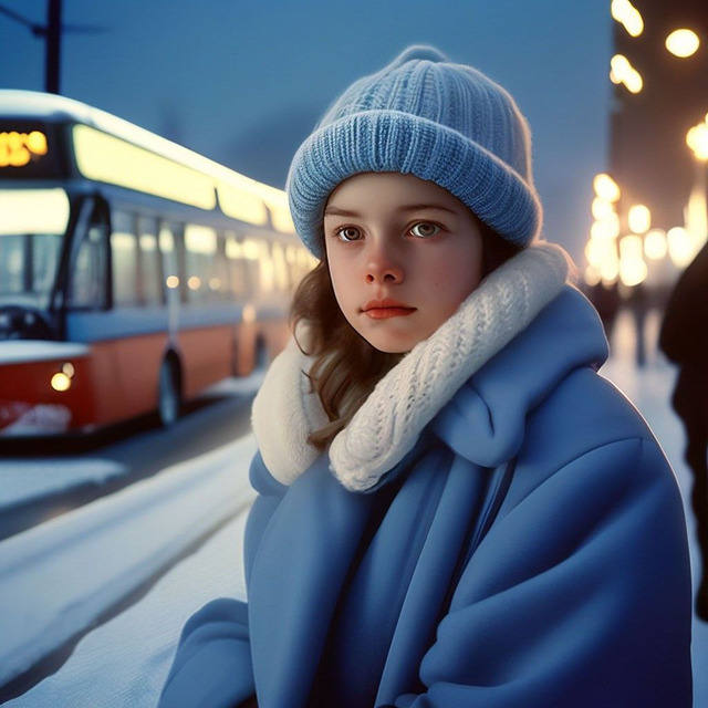 Середина 1980-х годов. Зима. Вечер. Девушка на троллейбусной остановке