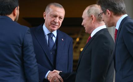 На фото: президент Турции Реджеп Тайип Эрдоган и президент РФ Владимир Путин (в центре справа налево) во время встречи в резиденции "Бочаров ручей"