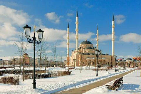 грозный, Чечня, города, столицы, государств, зима, снег, фонари, мечеть.