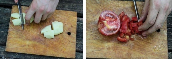 А пока казан на огне, нарежем крупным кубиком картофель. Помидор нарезаем кубиком, предварительно очистив его от кожуры. блюдо, в казане, видео, еда, рецепт, фото, фоторецепт