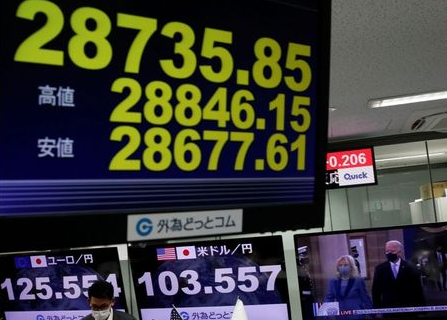 An employee of the foreign exchange trading company Gaitame.com stands in front of a TV set showing the broadcast of the inauguration of U.S. President Joe Biden and a monitor (front) shows Nikkei stock index at a dealing room in Tokyo, Japan, January 21, 2021. REUTERS/Kim Kyung-Hoon