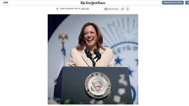    Камала Харрис известна своим неистовым смехом, который она использует для быстрого установления близости, а иногда и для отвода глаз, пишет The New York Times. Скриншот страницы сайта издания