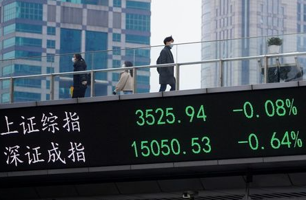 People wearing face masks, following the coronavirus disease (COVID-19) outbreak, walk on an overpass with an electronic board showing Shanghai and Shenzhen stock indexes, at the Lujiazui financial district in Shanghai, China January 6, 2021. REUTERS/Aly Song