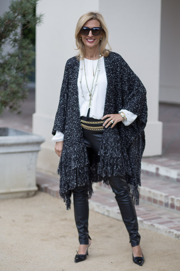 black and white boucle poncho for women 