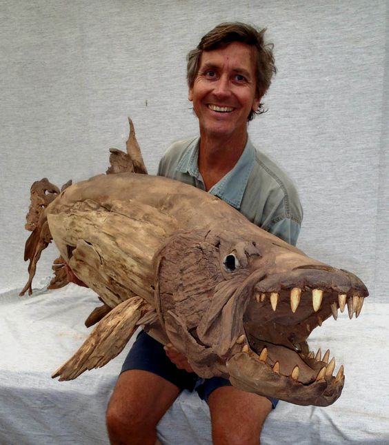A Goliath tigerfish, driftwood sculpture by Tony fredriksson www.openskywoodart.com