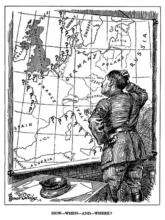 «Как, когда и где?» (16 сентября 1942 года). Карикатура, появившаяся после неудачного августовского рейда англичан на континент у Дьеппа, явно призвана подсластить пилюлю — Гитлер изображён пребывающим в замешательстве - Весёлые картинки Warspot: английский юмор и Вторая мировая | Warspot.ru