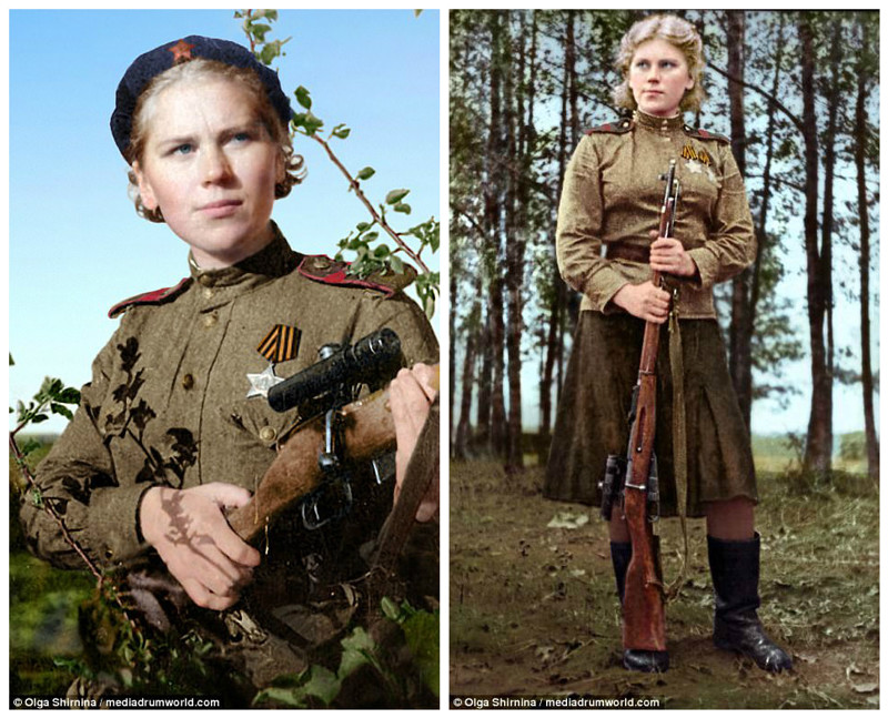 Она была известна способностью вести точную стрельбу по движущимся целям дуплетом - двумя идущими друг за другом выстрелами женщины СССР, колоризация, колоризированные снимки, раскрашенные, снайперы