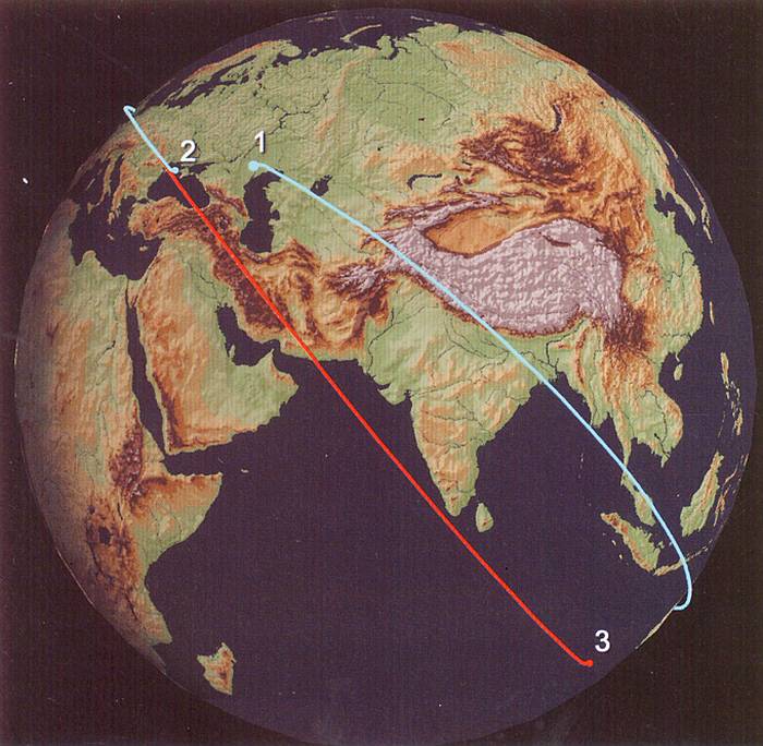 Траектория полётов КА БОР-4 при старте с космодрома Капустин Яр (обозначение №1) и приводнением в Чёрное море (№2) и Индийский океан (№3). Рис. В.П. Лукашевича