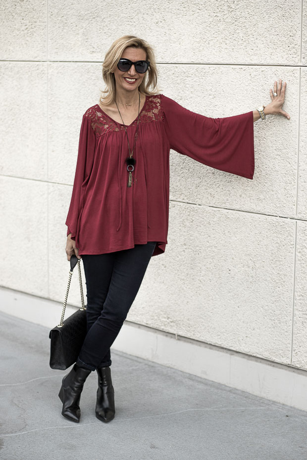Black And White Boucle Poncho, Scarf and Burgandy Bell Sleeve Blouse