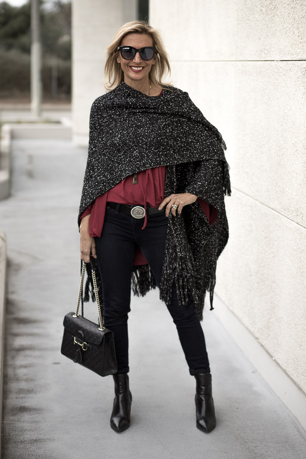 Black And White Boucle Poncho, Scarf and Burgandy Bell Sleeve Blouse