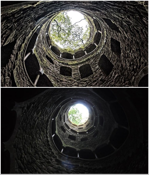 Чем ниже спускается человек, тем больше сумрак окутывает его (Quinta da Regaleira, Колодец Посвящения).  Чем ниже спускается человек, тем больше сумрак окутывает его (Quinta da Regaleira, Колодец Посвящения).