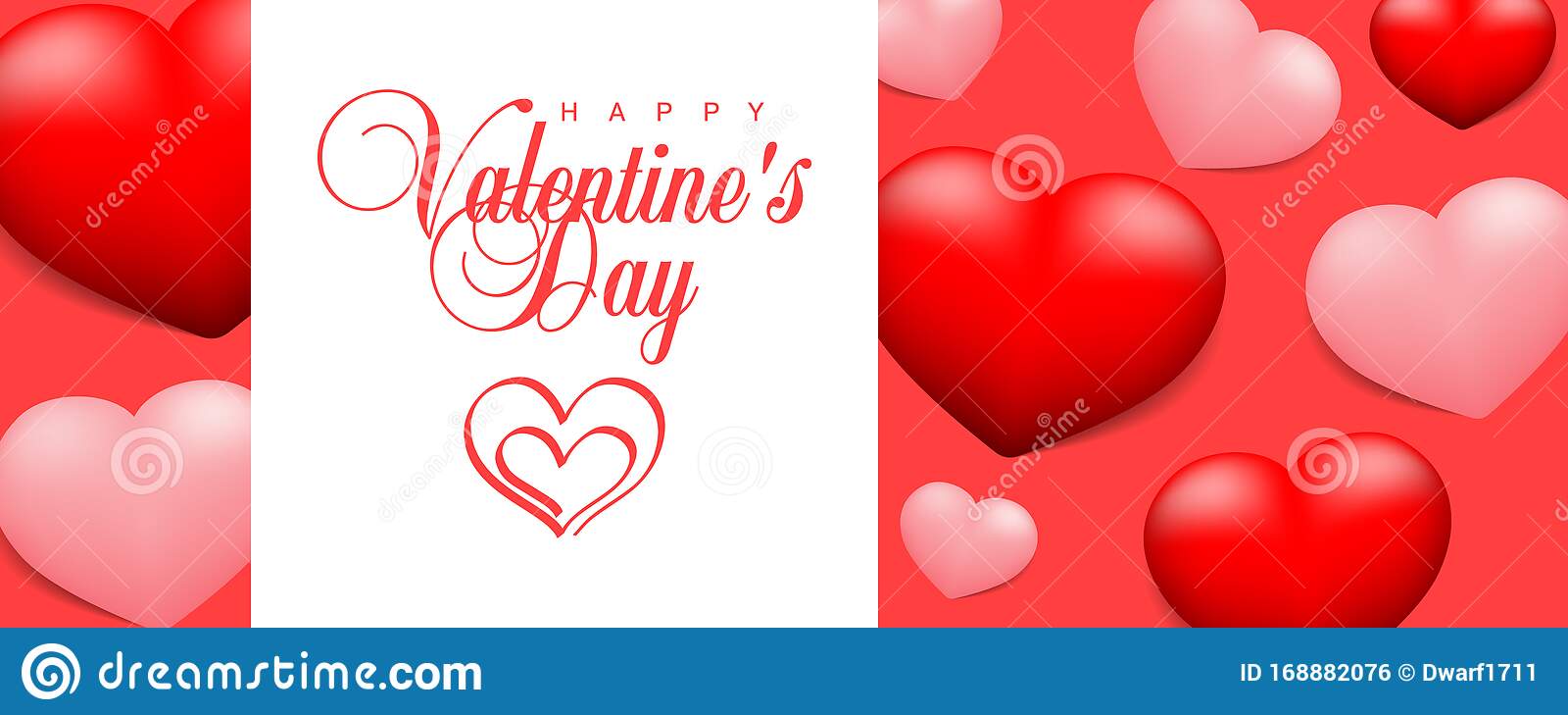 Happy Valentines Day calligraphic lettering and pair of hearts vector website header, illustration, banner, flyer, poster, voucher template with red and pink hearts on red background 