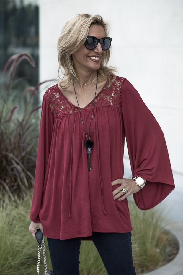 Black And White Boucle Poncho, Scarf and Burgandy Bell Sleeve Blouse