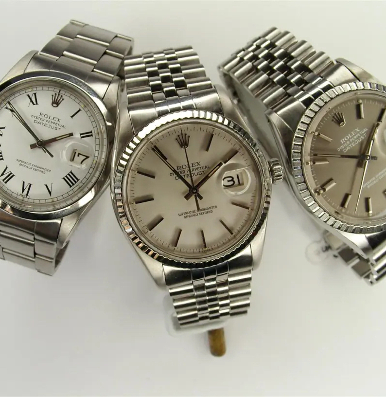 The different faces of the Rolex Datejust: a 1600 with a smooth bezel, Buckley dial and Oyster-bracelet, a 16014 with Jubilee and fluted bezel, and a 1603 with engine turned bezel