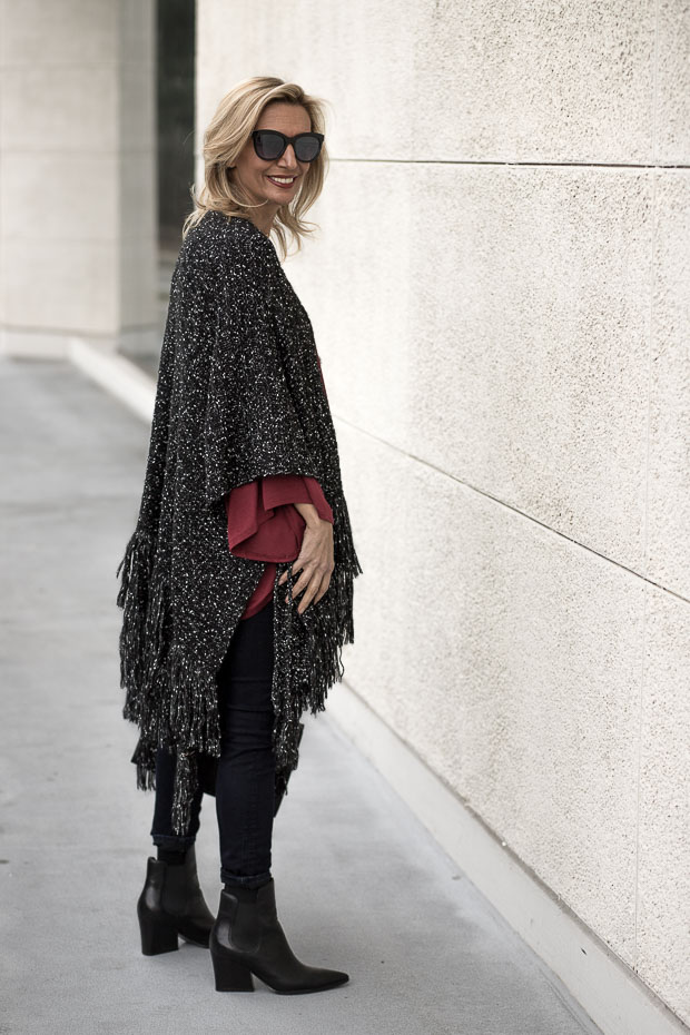 Black And White Boucle Poncho, Scarf and Burgandy Bell Sleeve Blouse