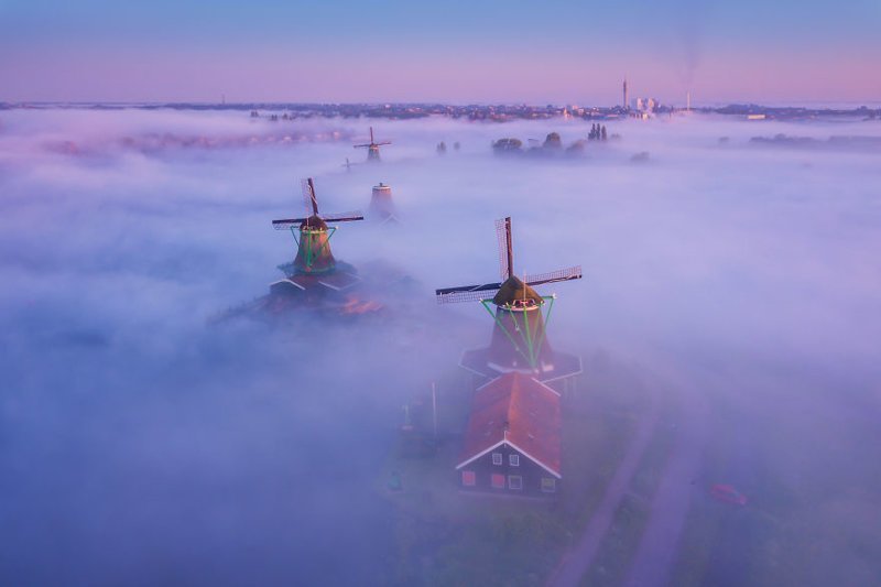Парящие мельницы Заансе Сканс, ветряные мельницы, волшебные места, голландия, деревня мельниц, красота, туман, фото