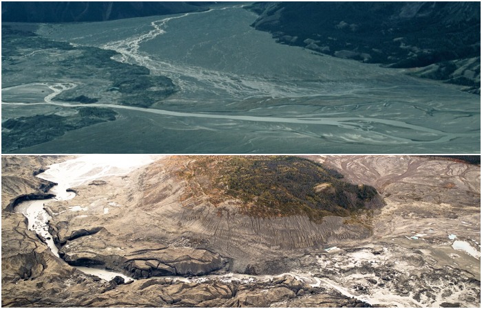 Панорама реки Слимс в 1980-е (сверху) и после 2017 года (снизу). /Фото: fr.wikipedia.org, hakaimagazine.com