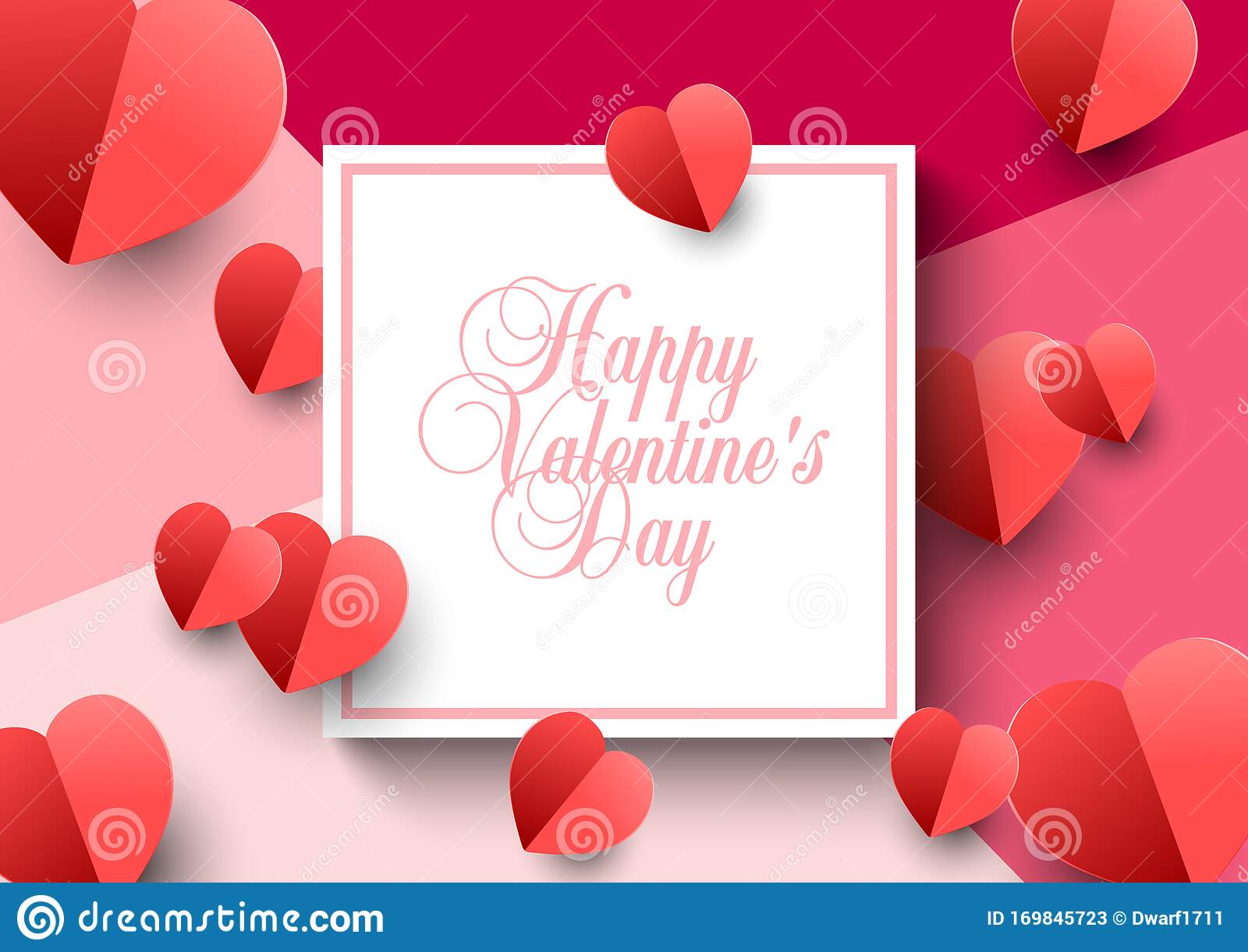 Pink background with 3D paper red hearts and Happy Valentines Day handwritten text in square frame. Vector banner, flyer, poster, voucher, greeting or invitation card template. 