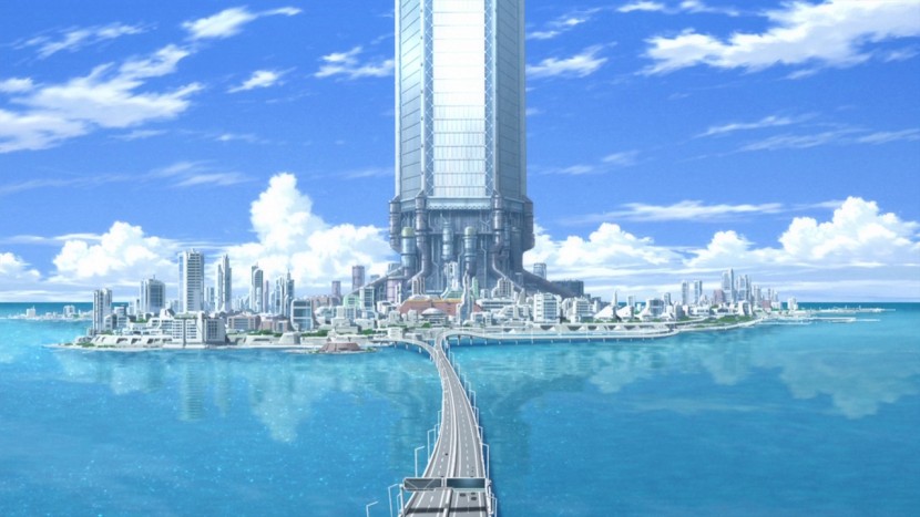 Основание лифта совершенно не обязано выглядеть как массивная бетонная башня (кадр из аниме Gundam 00)