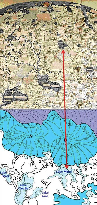Рис. 5. Несуществующее «море» (стрелка вверху) на копии карты Фра Мауро 1459 г. соответствует доисторическому приледниковому Озеру Манси (стрелка внизу). Ледники показаны темно-голубым цветом. 