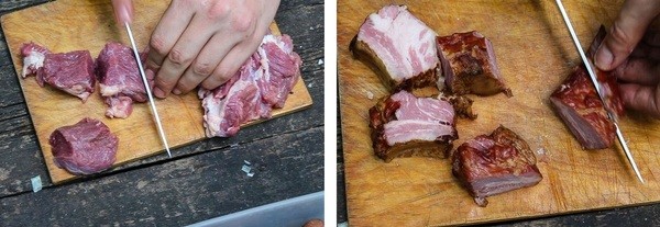 Мякоть телятины нарезаем крупными кусочками – размером около 4 — 5 сантиметров. Копченые ребра разделяем на части. блюдо, в казане, видео, еда, рецепт, фото, фоторецепт