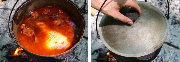 Накрываем казан крышкой.Содержимое должно закипеть.После чего, начинаем его тушить в течении двух – трех часов. Точное время зависит от интенсивности тушения. В целом, тушить нужно до того момента, пока мясо на голени не начнет отваливаться от кости блюдо, в казане, видео, еда, рецепт, фото, фоторецепт