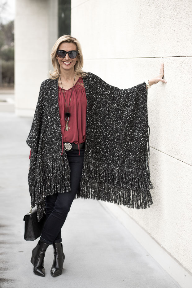 Black And White Boucle Poncho, Scarf and Burgandy Bell Sleeve Blouse