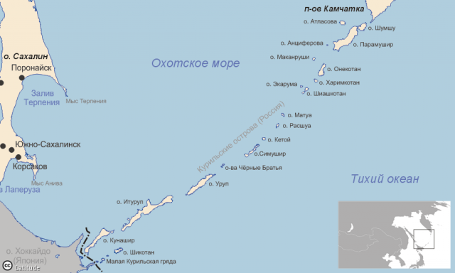 Острова Курильской гряды на карте 