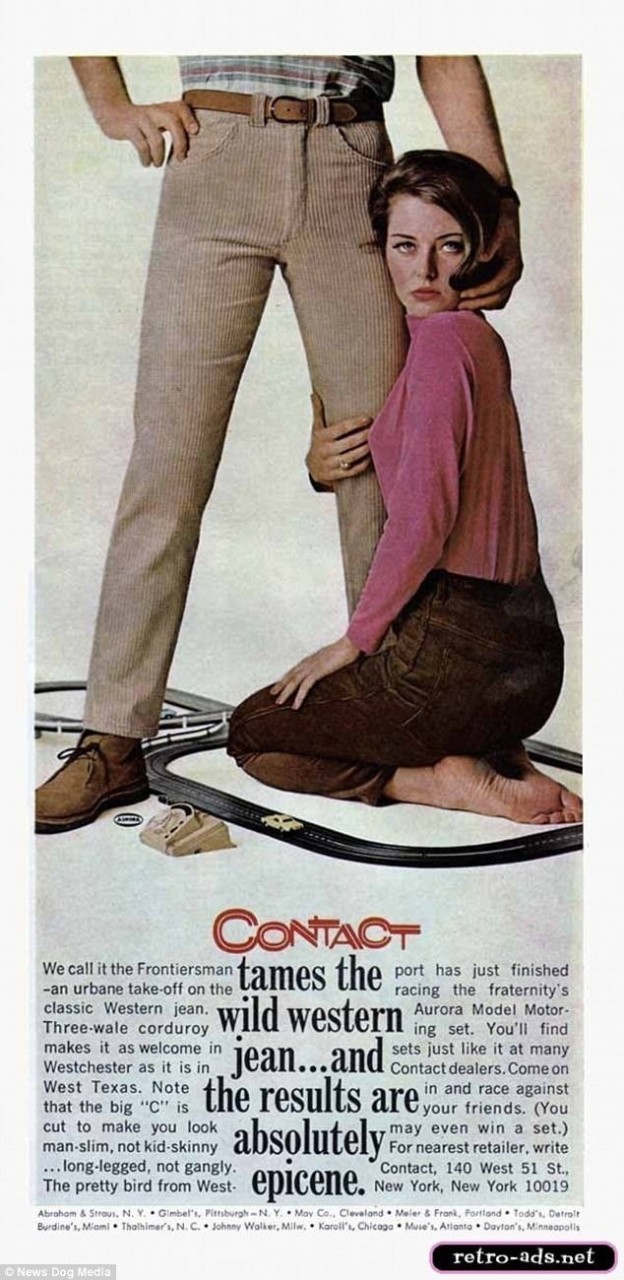 Реклама джинсов Contact с явным сексуальным подтекстом, 1970-е гг. 20 век, Гендерное, Маркетинговые хитрости, маркетинговый ход, мужчины и женщины, реклама, рекламные объявления, ретро