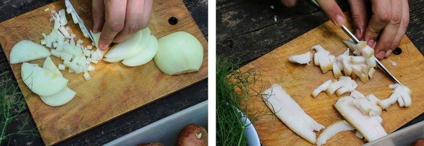 Итак, приступим! Мелко нарезаем сало, которое мы будем обжаривать до шкварок. Лук нарезаем мелким кубиком. блюдо, в казане, видео, еда, рецепт, фото, фоторецепт
