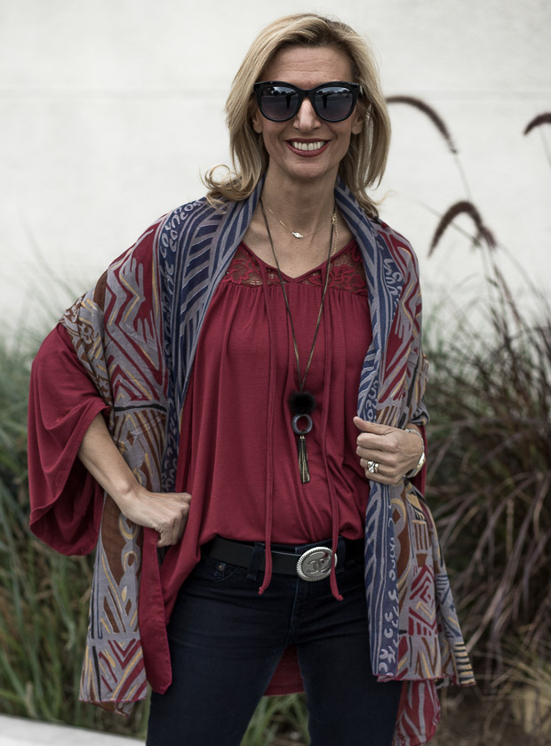 Black And White Boucle Poncho, Scarf and Burgandy Bell Sleeve Blouse