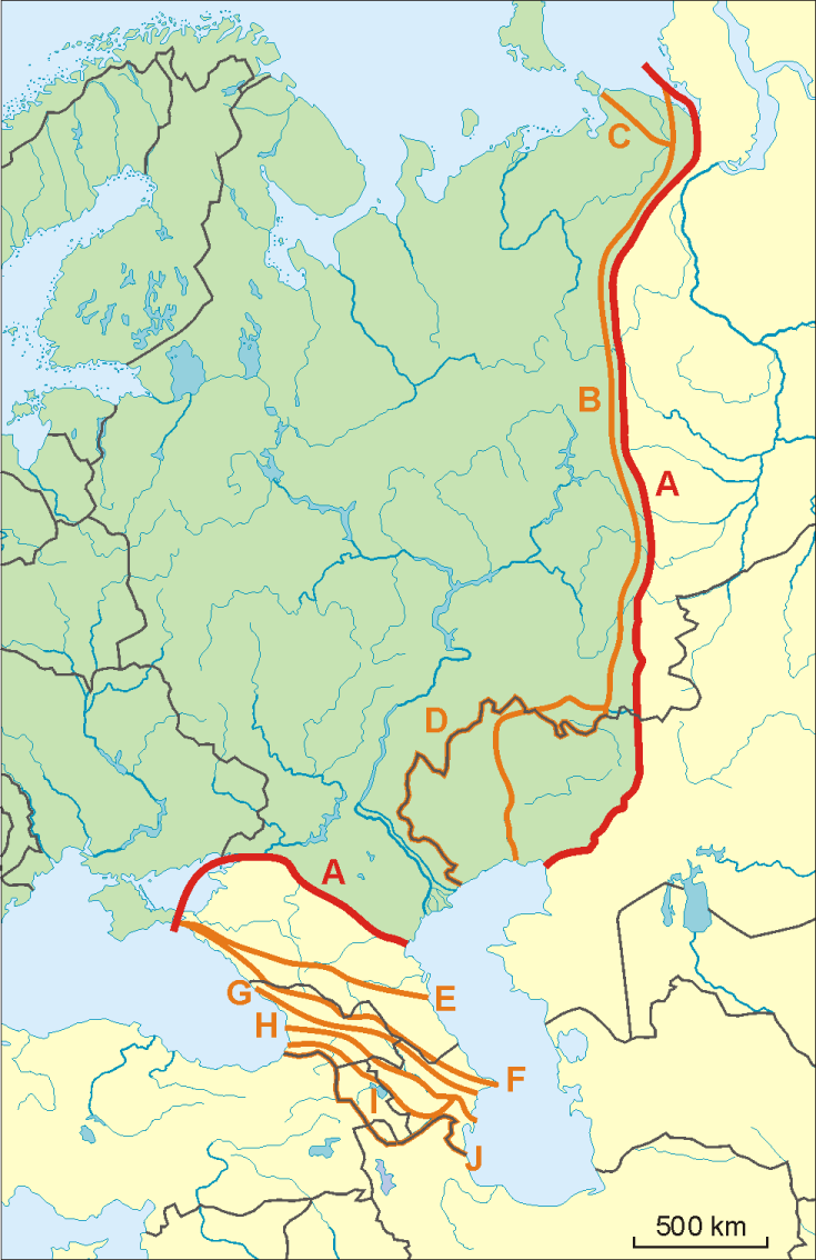 Все существующие варианты границы между Европой и Азией/ © trans-continental.ru