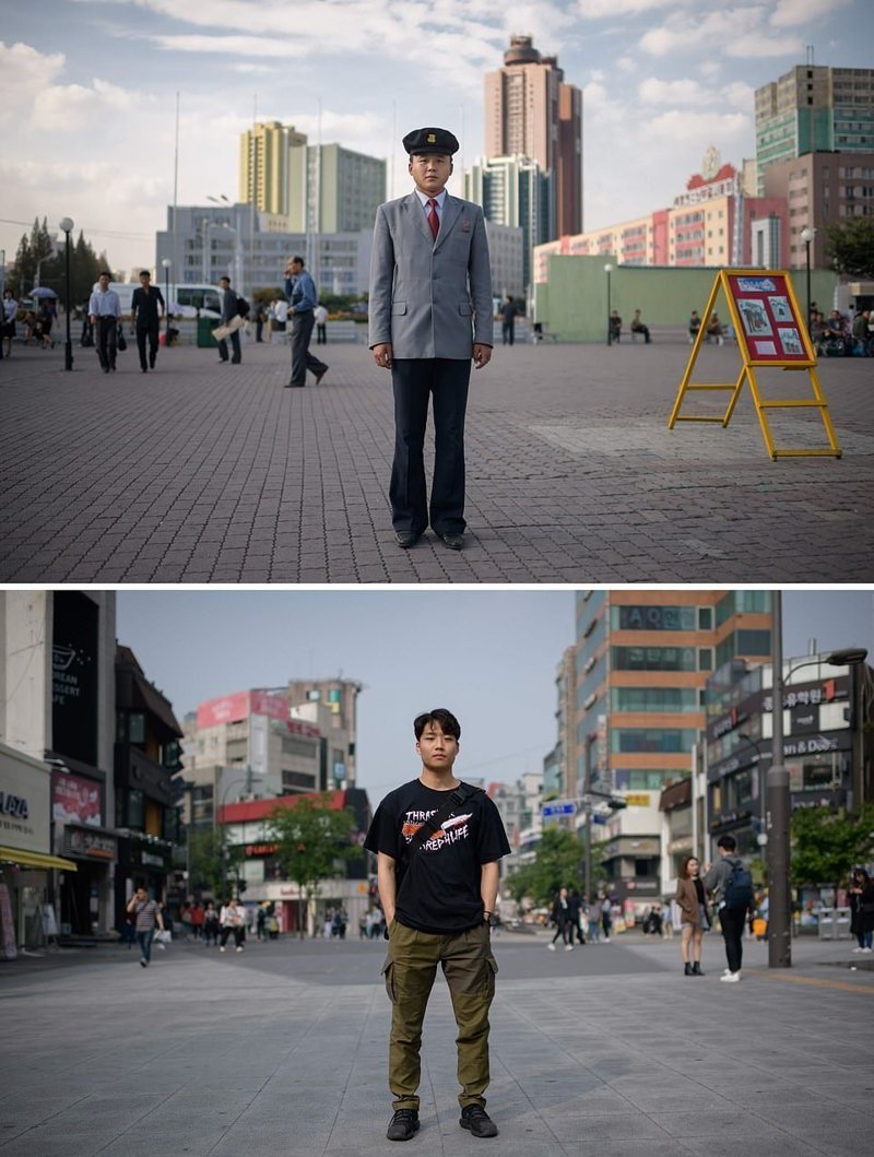 Вверху — северокорейский студент на площади в Пхеньяне. Внизу — студент в районе Синчон, Сеул кндр, люди, северная корея, сравнение, страны, южная корея