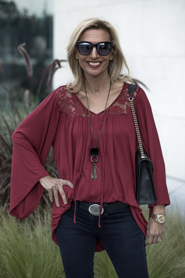 Black And White Boucle Poncho, Scarf and Burgandy Bell Sleeve Blouse