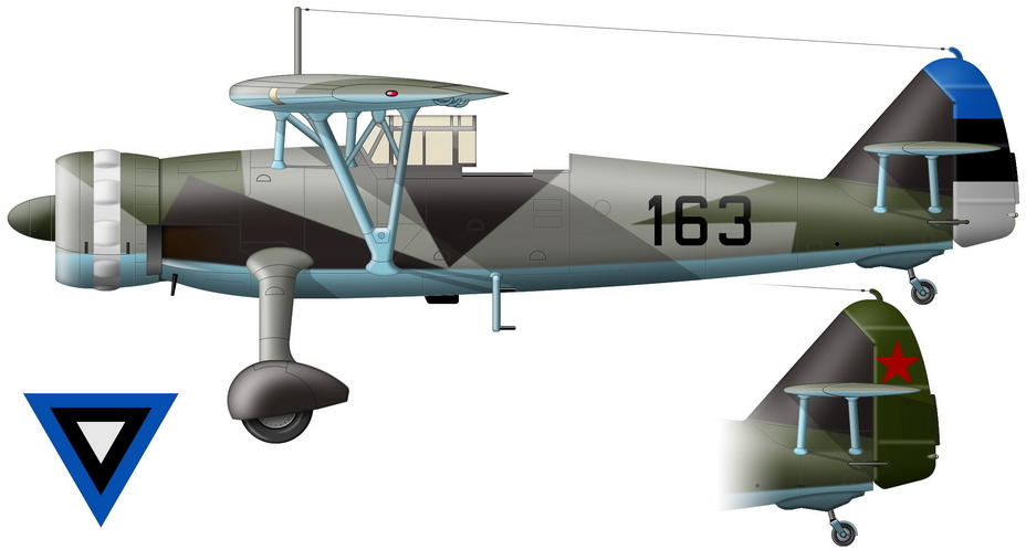 Hs 126B-1 (серийный №163) из 2-го авиадивизиона эстонских ВВС, Тарту, май-август 1940 года. На врезке показан перекрашенный руль поворота во время использования самолёта в советской 22-й ОКАЭ - Цвета военного неба: прибалтийское наследство | Военно-исторический портал Warspot.ru