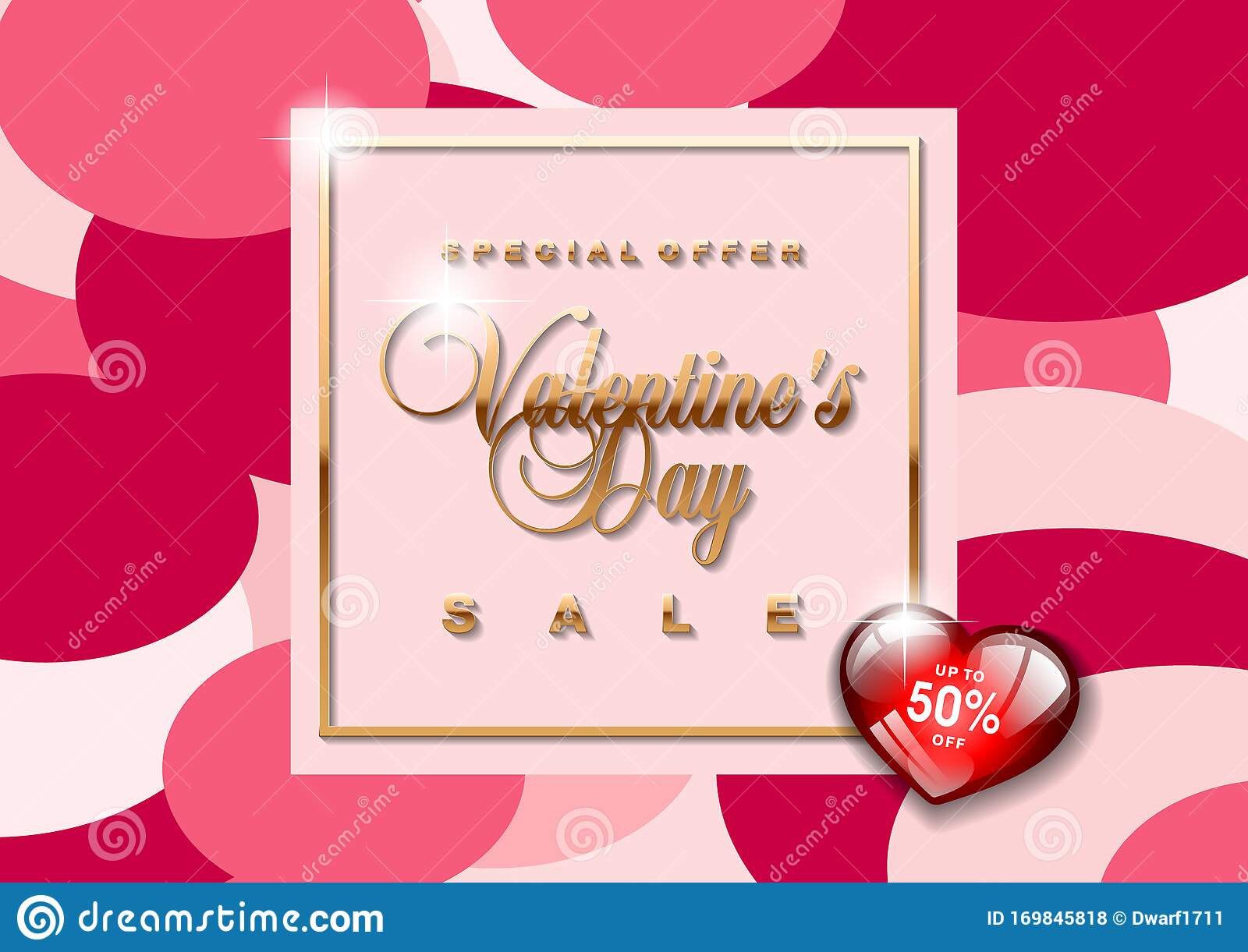 Sale special offer Valentines Day golden 3D text with shadow and red glass heart with discount. Vector sale, special offer, discount, advertising campaign square vector banner, flyer, poster, voucher template. 