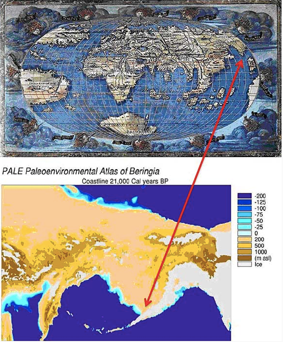 Рис. 6а. Карта мира Francesco Rosselli 1508 г. (вверху) в сравнении с палеогеографической реконструкцией Берингии (внизу).
