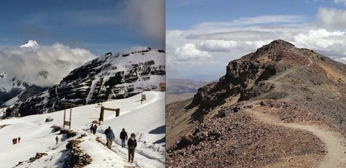 Горнолыжный курорт в Боливии на леднике в 1980-е (слева) и сегодня (справа). /Фото: unofficialnetworks.com