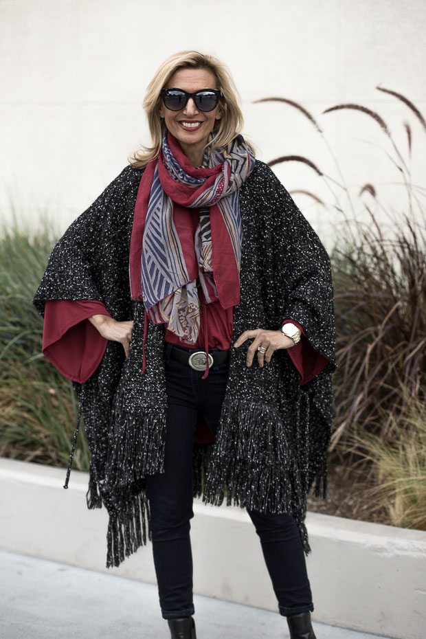 Black And White Boucle Poncho, Scarf and Burgandy Bell Sleeve Blouse