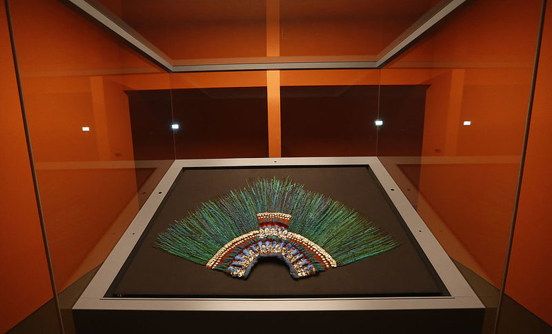 The headdress on display at the Museum of Ethnology, Vienna. 