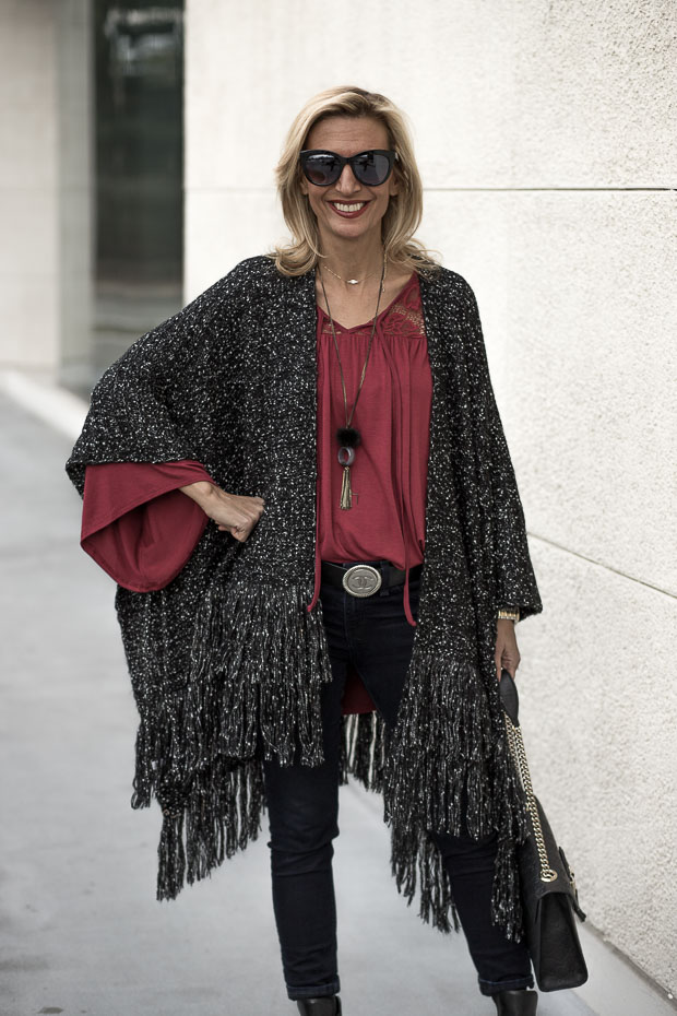 Black And White Boucle Poncho, Scarf and Burgandy Bell Sleeve Blouse