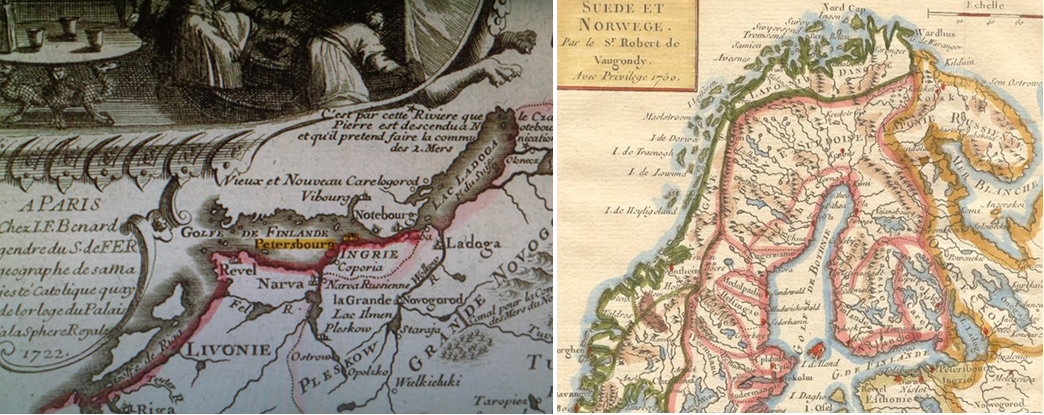 Также Европейская карта России 1722-го года слева. Петербург (ещё лишь в виде нынешнего Кронштадта) из-за номинальной унии с Россией (империей Царя) обозначен на шведской территории. Справа -карта даже 1750-го года с Петербургом на территории Швеции.